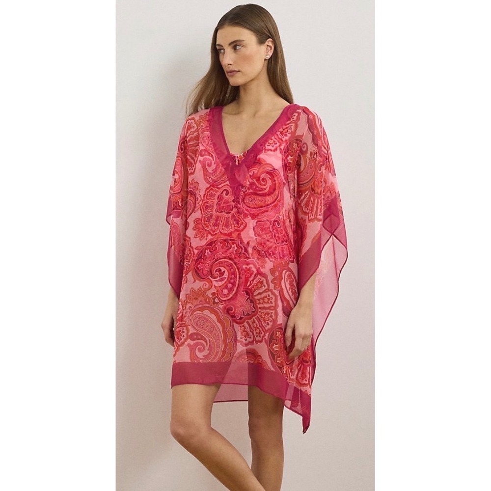 Lauren Ralph Lauren Pink Paisley Kaftan V-Neck Swim Cover Up Size‎ S/M NEW